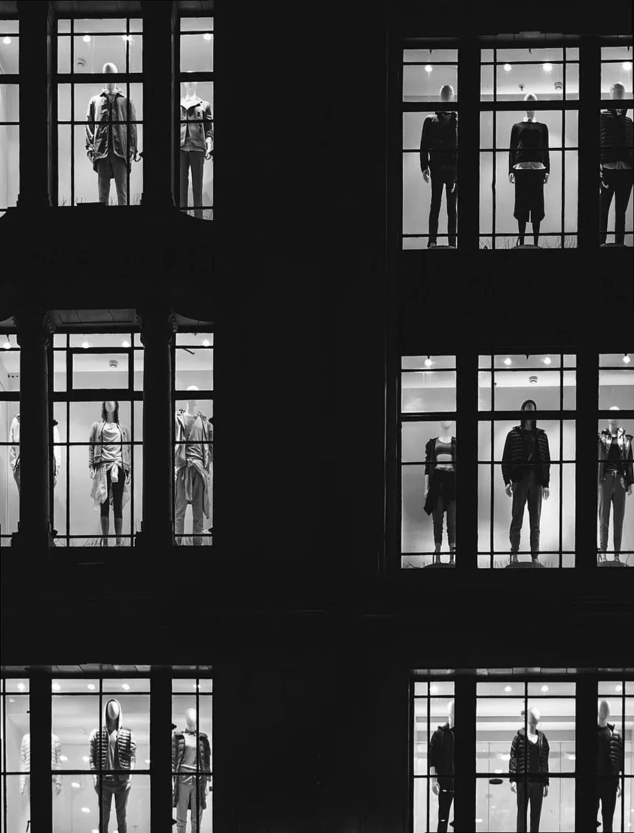 doll, fashion, shop, store, monochrome, black and white window, mannequin, building, gray fashion, gray shopping, gray b